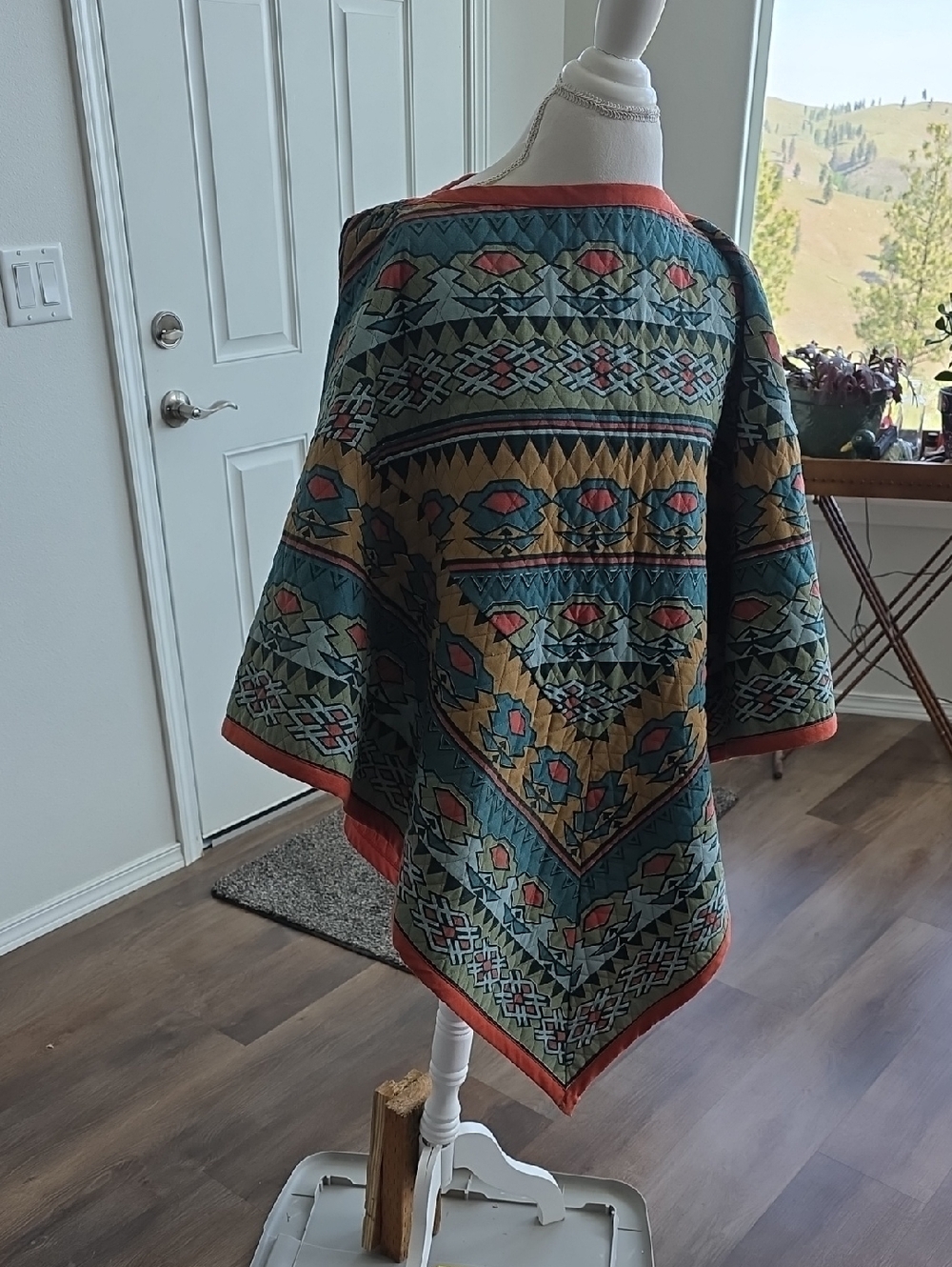 Quilted Aztec Patterned Poncho in Teal and Mustard with Burnt Orange Trim